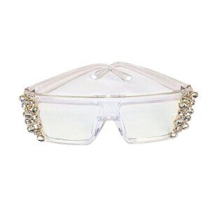 OVERSIZED SQUARE CLEAR CRYSTAL EMBELLISHED BLUE LIGHT BLOCKING GLASSES